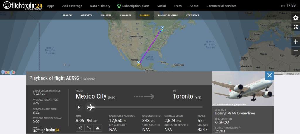 Air Canada flight AC992 from Mexico City to Toronto experienced a slat issue