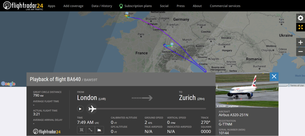 British Airways flight BA640 from London to Athens diverted to Zurich due to a medical emergency
