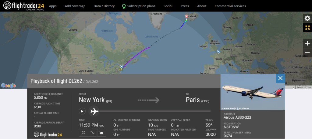 Delta Air Lines flight DL262 from New York to Paris diverted to Reykjavik due to an engine issue