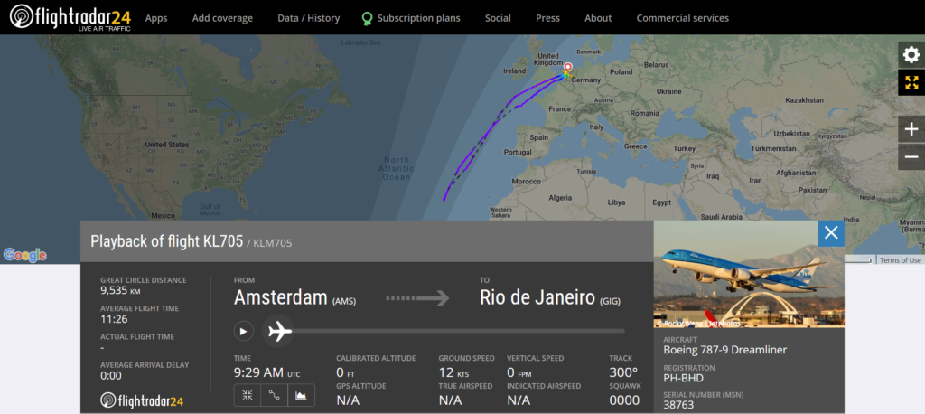 KLM flight KL705 from Amsterdam to Rio de Janeiro returned to Amsterdam due to a cracked windshield