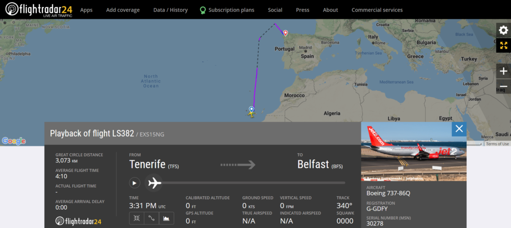 Jet2 flight LS382 from Tenerife to Belfast diverted to Santiago de Compostela due to a medical emergency