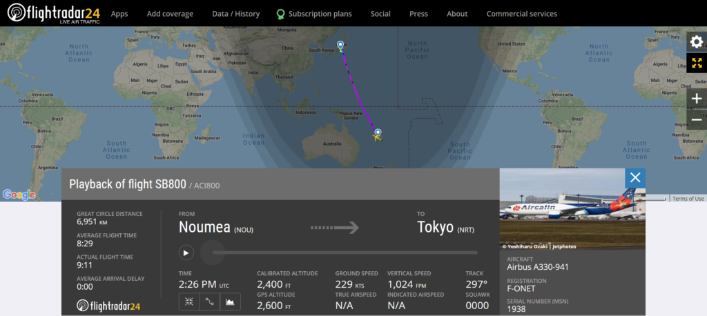 Aircalin flight SB800 from Noumea to Tokyo experienced flaps issue
