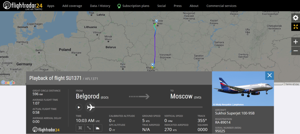 Aeroflot flight SU1371 from Belgorod to Moscow experienced technical issue