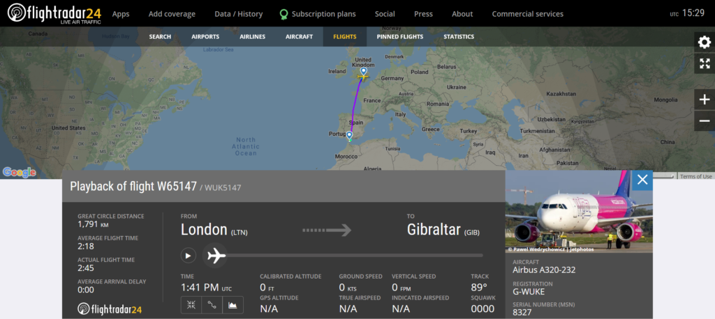 Wizzair flight W65147 from London to Gibraltar on final approach suffered a bird strike