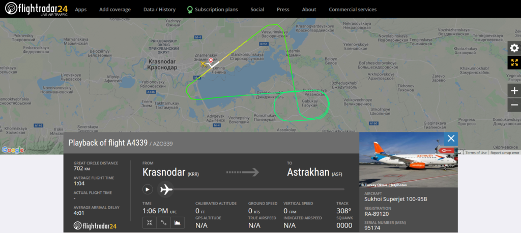 An Azimuth flight A4339 from Krasnodar to Astrakhan returned to Krasnodar due to a technical issue