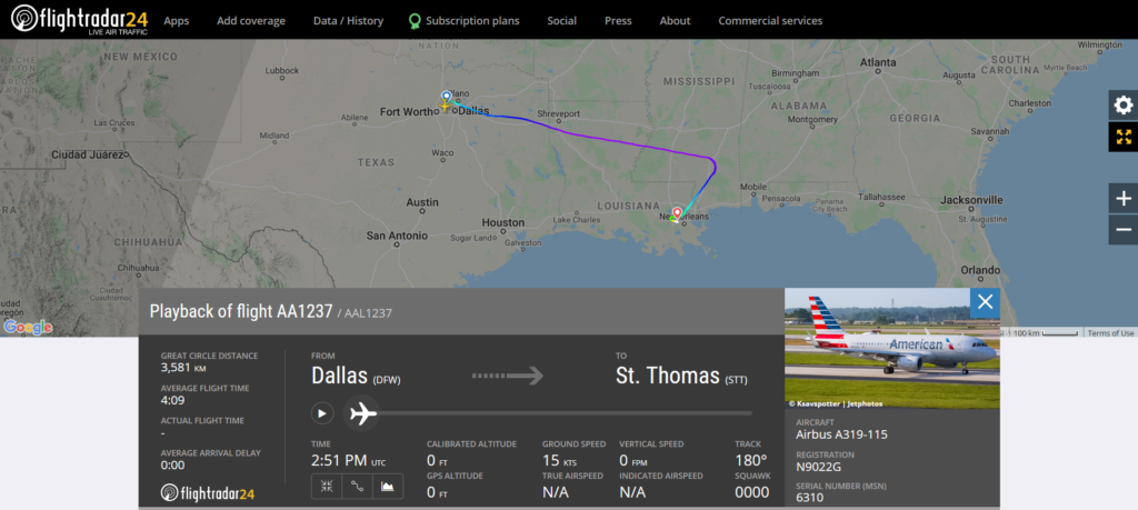 American Airlines flight AA1237 from Dallas to St. Thomas diverted to New Orleans due to fuel leak indication