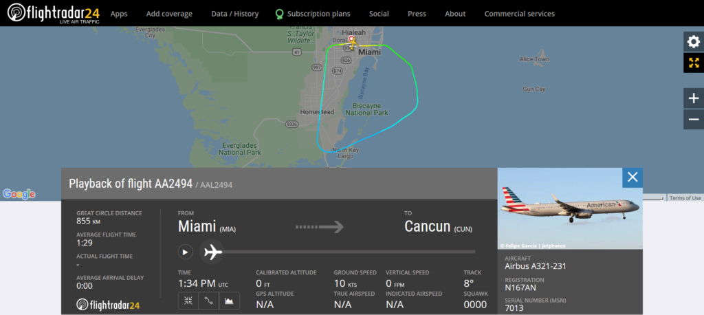 American Airlines flight AA2494 from Miami to Cancun returned to Miami due to an engine oil leak