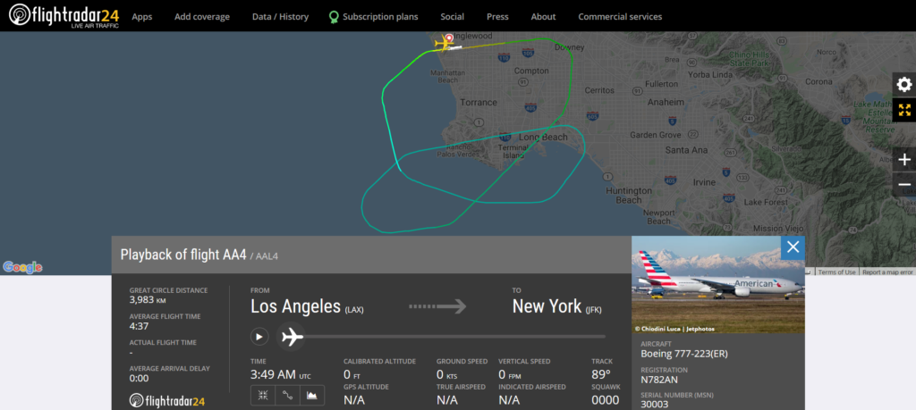 American Airlines flight AA4 from Los Angeles to New York returned to Los Angeles due to a pressurisation issue