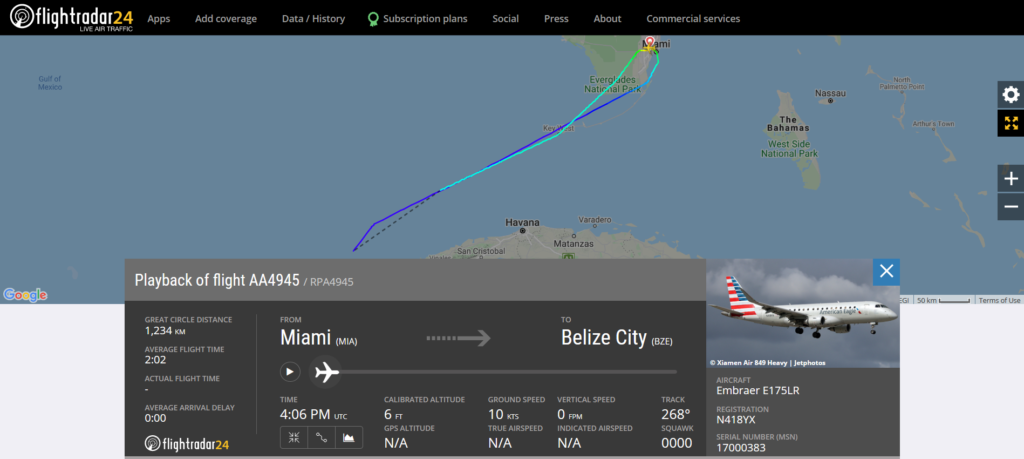 American Airlines flight AA4945 from Miami to Belize City returned to Miami due to a pressurisation issue