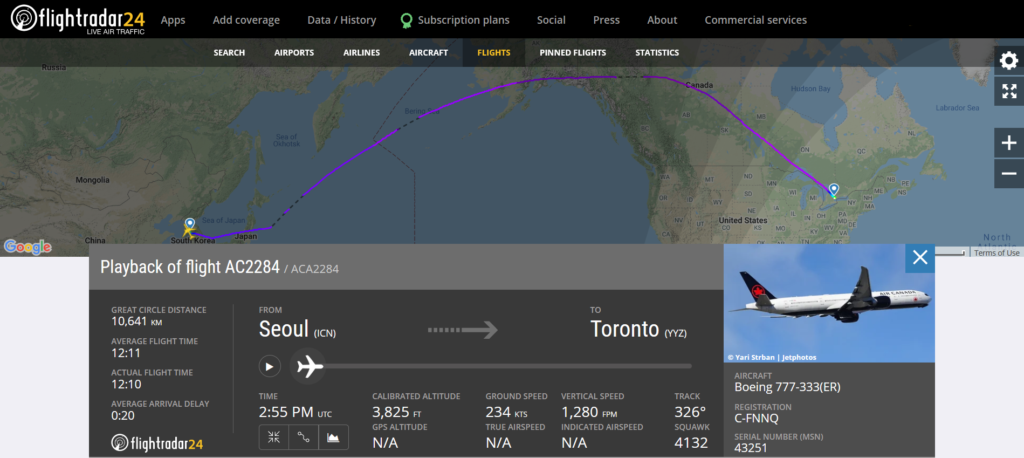 Air Canada flight AC2284 from Seoul to Toronto encountered turbulence
