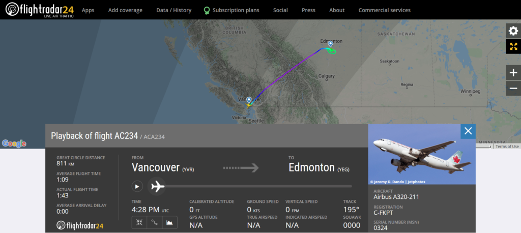 Air Canada flight AC234 from Vancouver to Edmonton experienced a slat issue