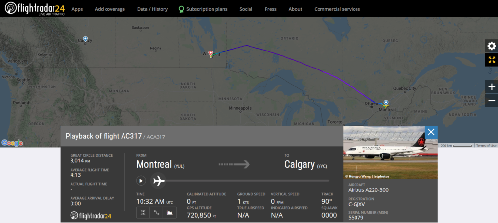 Air Canada flight AC317 from Montreal to Calgary diverted to Winnipeg due to a mechanical issue