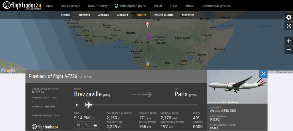 Air France flight AF736 from Brazzaville to Paris declared an emergency (squawk 7700) and diverted to N'Djamena