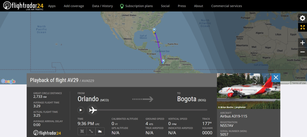 Avianca flight AV29 from Orlando to Bogota suffered a hot air balloon strike