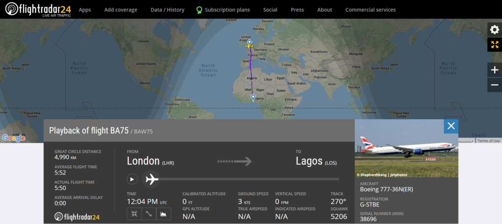British Airways flight BA75 from London to Lagos suffered bird strikes