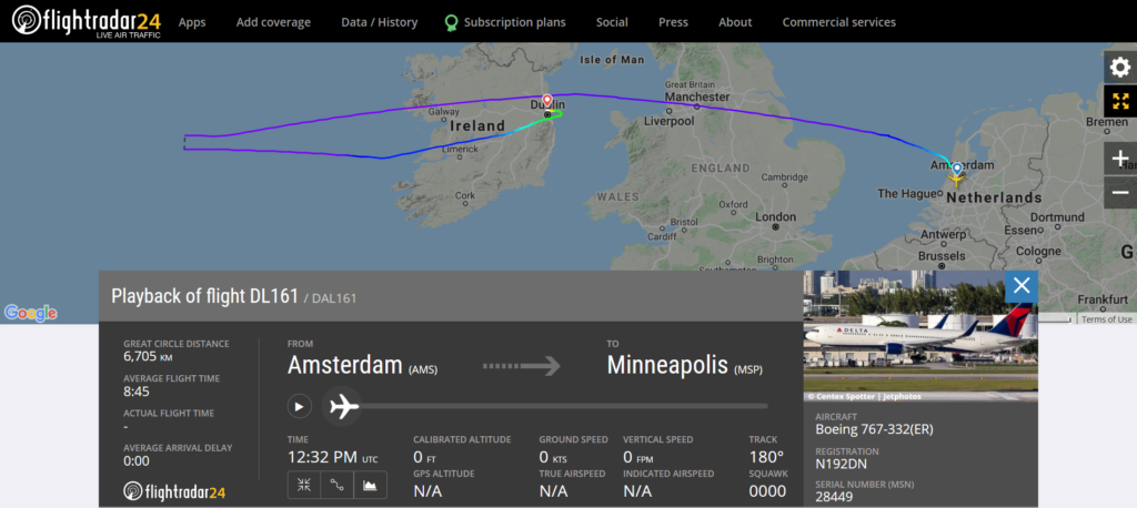 Delta Airlines flight DL161 from Amsterdam to Minneapolis diverted to Dublin due to a medical emergency