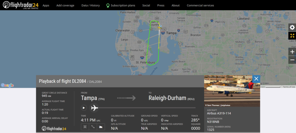 Delta Air Lines flight DL2084 from Tampa to Raleigh-Durham returned to Tampa due to a bird strike