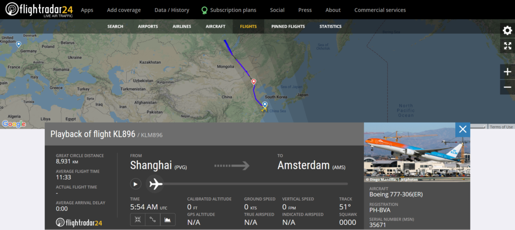 KLM flight KL896 from Shanghai to Amsterdam diverted to Beijing due to an engine issue
