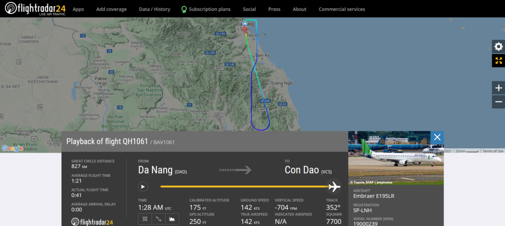 A Bamboo Airways flight QH1061 from Da Nang to Con Dao declared an emergency and returned to Da Nang due to a fuel leak
