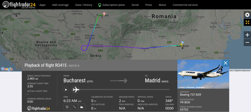 A TAROM flight RO415 from Bucharest to Madrid diverted to Timisoara due to a medical emergency