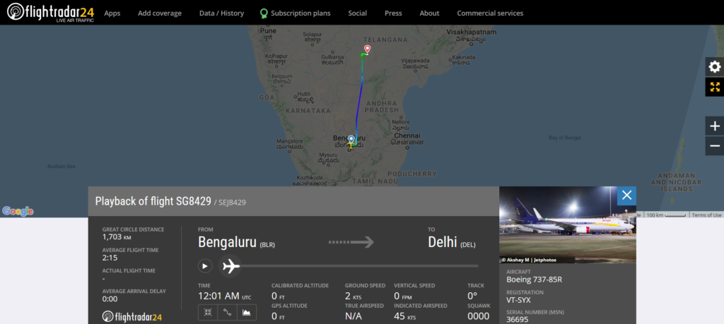 A SpiceJet flight SG8429 from Bengaluru to Delhi diverted to Hyderabad due to technical reasons