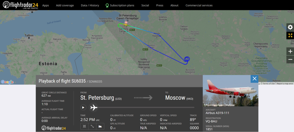 Aeroflot flight SU6035 from St. Petersburg to Moscow returned to St. Petersburg due to an engine issue