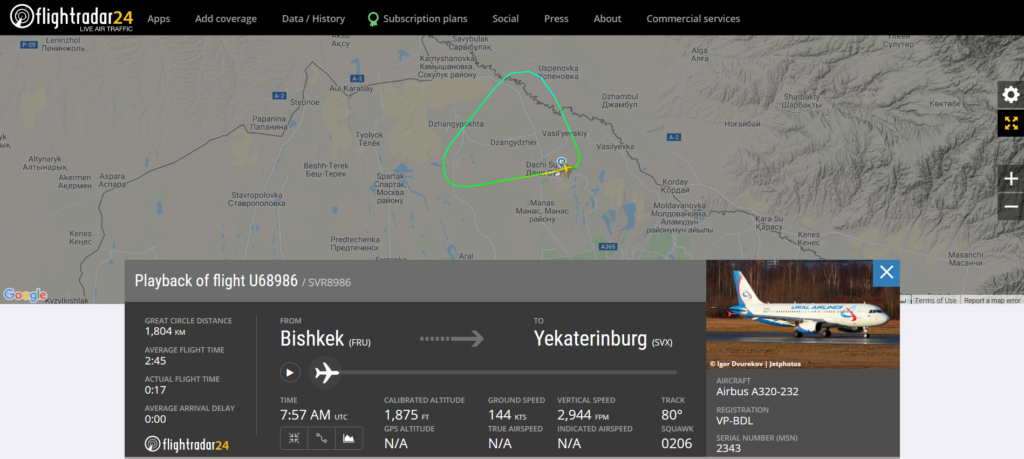 Ural Airlines flight U68986 from Bishkek to Yekaterinburg returned to Bishkek due to odor in the cockpit