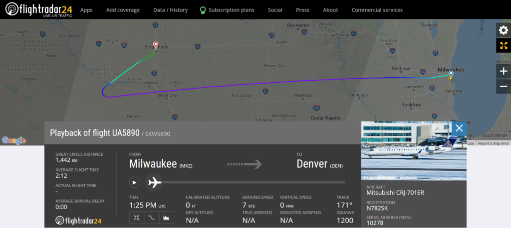 United Airlines flight UA5890 from Milwaukee to Denver diverted to Sioux Falls due to a cracked windshield