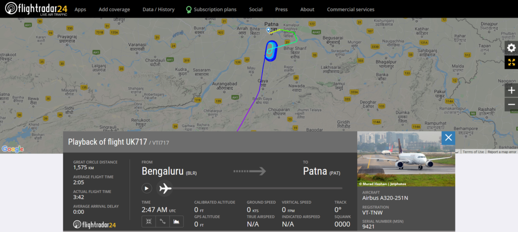 Vistara flight UK717 from Bengaluru to Patna suffered a bird strike during landing