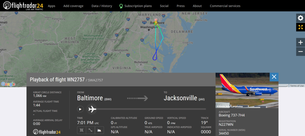 Southwest Airlines flight WN2757 from Baltimore to Jacksonville returned to Baltimore due to a bird strike