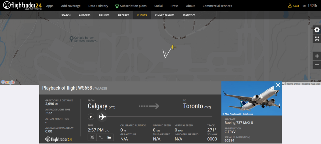 Westjet flight WS658 from Calgary to Toronto was cancelled after potential fault indication