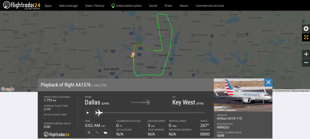 American Airlines flight AA1576 from Dallas to Key West returned to Dallas due to a pressurisation issue