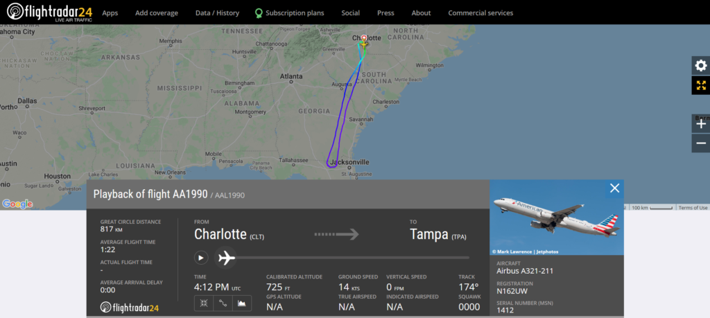 American Airlines flight AA1990 from Charlotte to Tampa returned to Charlotte due to a hydraulic issue