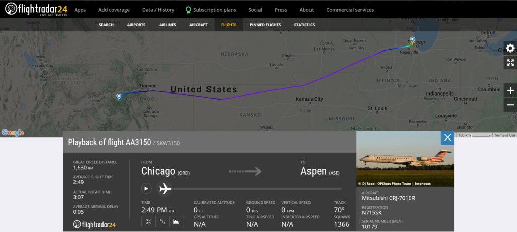 American Airlines flight AA3150 from Chicago to Aspen reported smoke or electrical fumes in the cabin