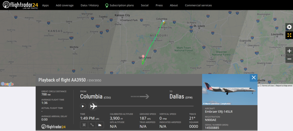 American Airlines flight AA3950 from Columbia to Dallas diverted to Springfield due to a landing gear issue