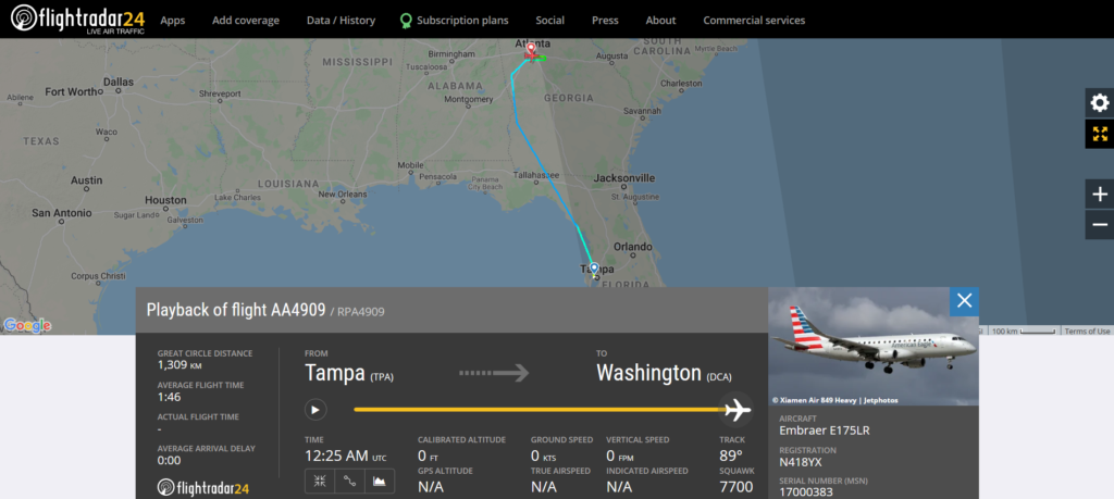 An American Airlines flight AA4909 from Tampa to Washington declared an emergency and diverted to Atlanta due to flaps issue