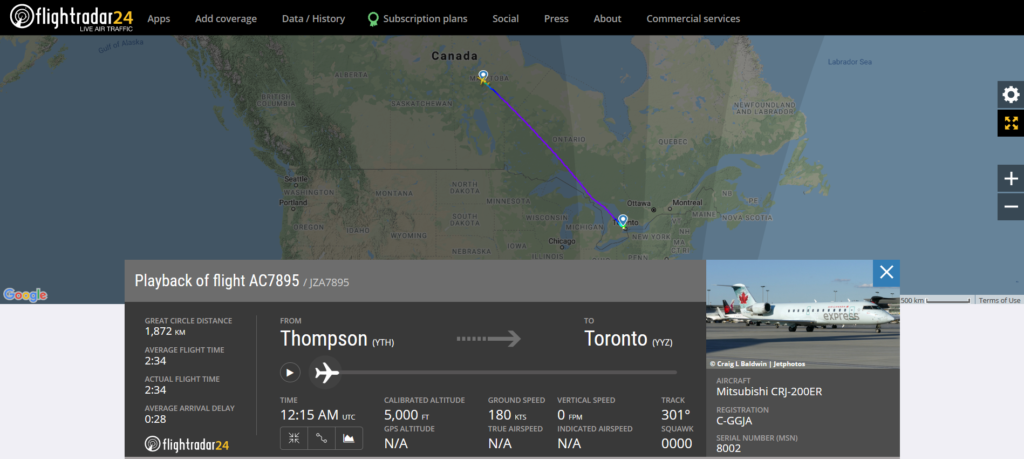 Air Canada flight AC7895 from Thompson to Toronto experienced flaps issue before landing