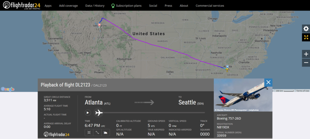 Delta Air Lines flight DL2123 from Atlanta to Seattle diverted to Salt Lake City due to an engine issue