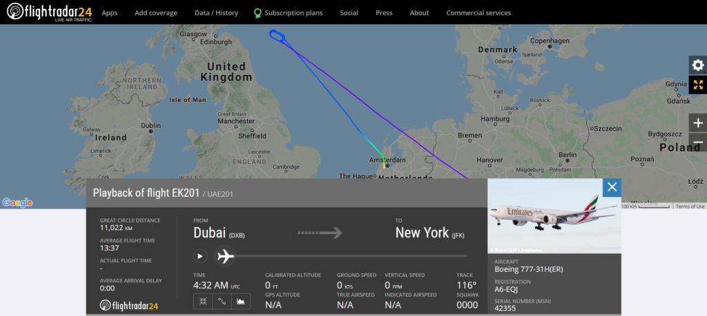 Emirates flight EK201 from Dubai to New York diverted to Amsterdam.