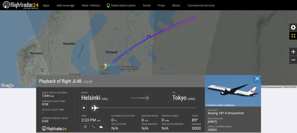 Japan Airlines flight JL48 from Helsinki to New York returned to Helsinki due to an engine issue