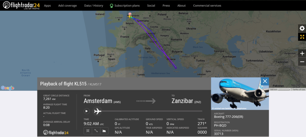 KLM flight KL515 from Amsterdam to Zanzibar returned to Amsterdam due to a bird strike