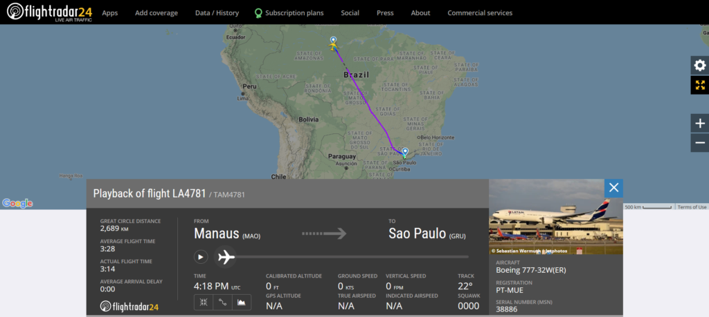 LATAM Airlines flight LA4781 from Manaus to Sao Paulo damaged tyre on landing