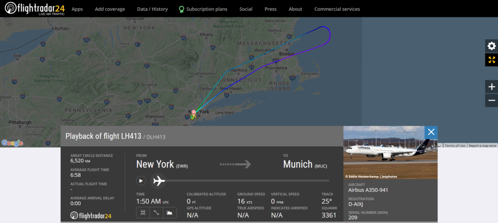 Lufthansa flight LH413 from New York to Munich returned to New York due to an odor on board