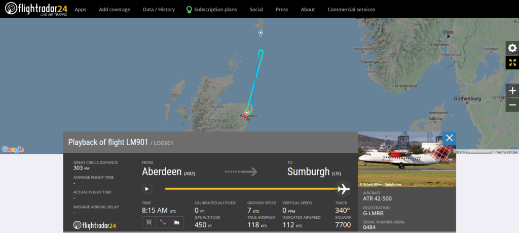 Loganair flight LM901 from Aberdeen to Sumburgh declared an emergency and returned to Aberdeen due to an engine issue
