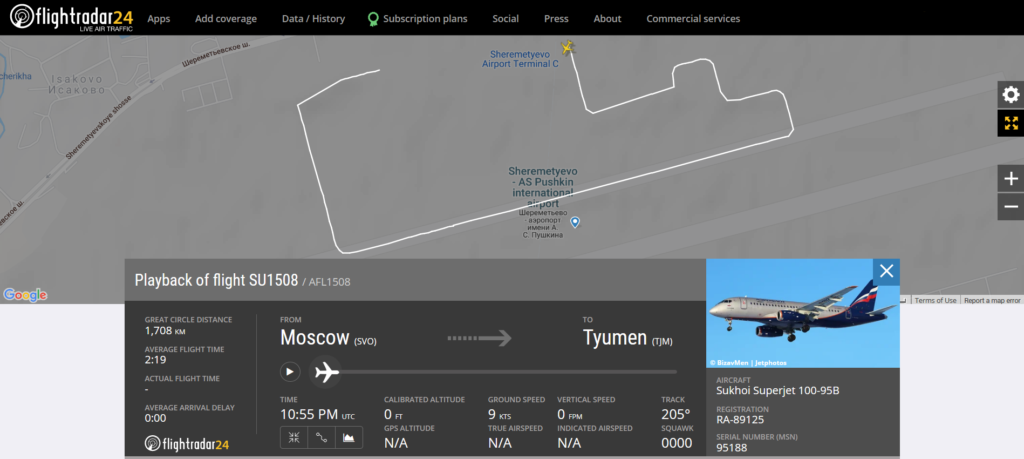 Aeroflot flight SU1508 from Moscow to Tyumen rejected takeoff due to a brakes issue