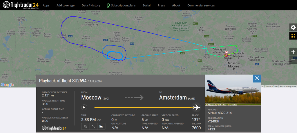 Aeroflot flight SU2694 from Moscow to Amsterdam and returned to Moscow due to a radio partial failure
