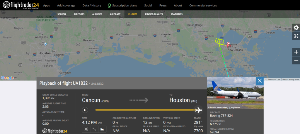 United Airlines flight UA1832 from Cancun to Houston declared an emergency and diverted to New Orleans due to a mechanical issue