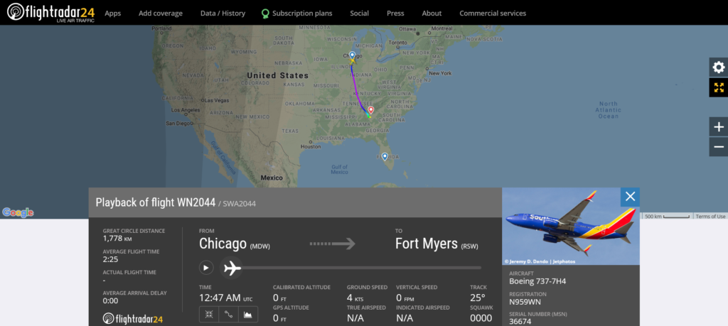Southwest Airlines flight WN2044 from Chicago to Fort Myers diverted to Atlanta