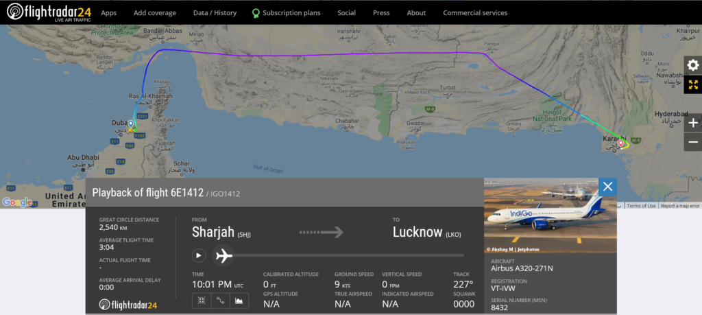 IndiGo flight 6E1412 from Sharjah to Lucknow diverted to Karachi due to medical emergency