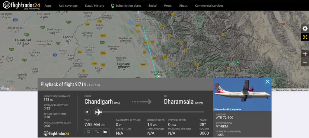 Alliance Air flight 9I714 from Chandigarh to Dharamsala suffered bird strike